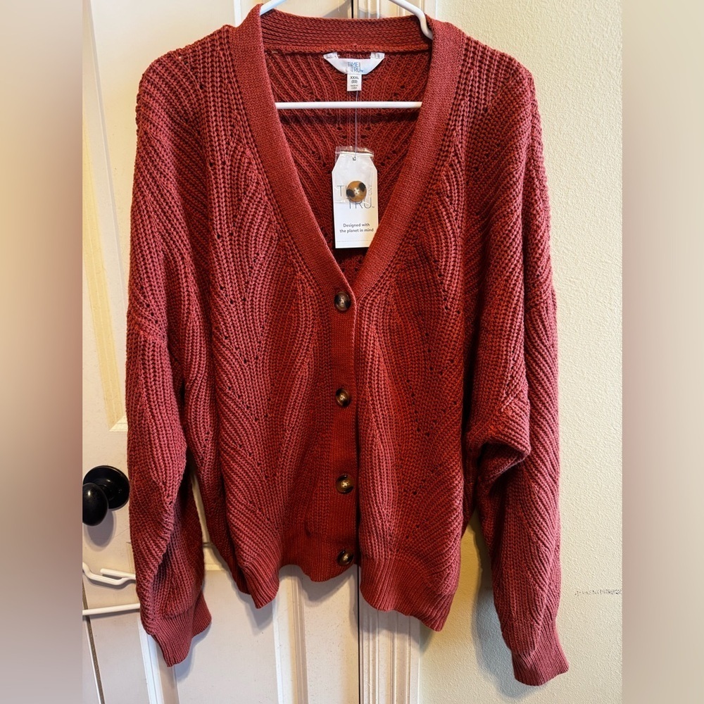 Time And Tru Women’s Boyfriend Auburn Sun Orange Button Down Sweater Sz XXXL 22 - Picture 2 of 10
